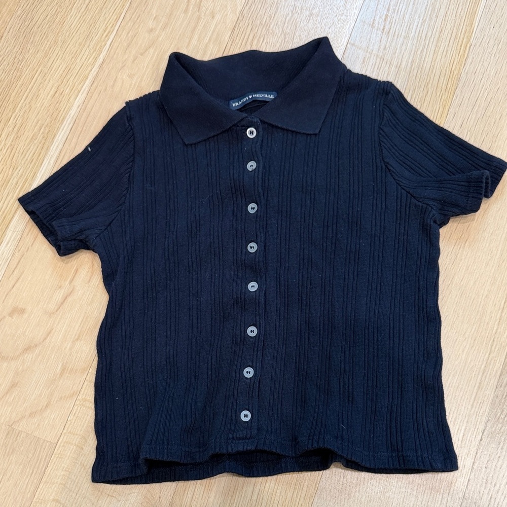 Brandy Melville Black Ribbed Button-Up Polo